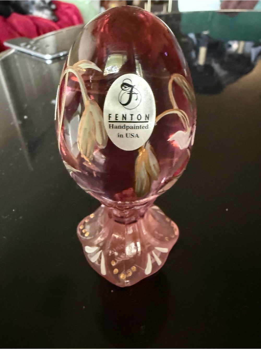 Fenton Handpainted Rose-Pink Glass Egg with Gold Floral Accents